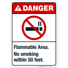 Flammable Area No Smoking Within 50 Feet Sign, ANSI Danger Sign
