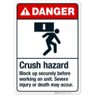 Crush Hazard Block Up Securely Before Working On Unit Sign, ANSI Danger Sign
