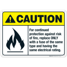 For Continued Protection Against Risk Of Fire Replace Sign, ANSI Caution Sign