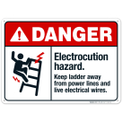 Electrocution Hazard Keep Ladder Away From Power Lines Sign, ANSI Danger Sign