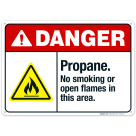 Propane No Smoking Or Open Flames In This Area Sign, ANSI Danger Sign