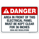 Area In Front Of This Electrical Panel Must Be Kept Clear Sign, ANSI Danger Sign