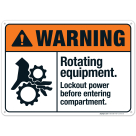 Rotating Equipment Lockout Power Before Entering Compartment Sign, ANSI Warning Sign