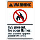 H2S Present No Open Flames Wear Protective Equipment Sign, ANSI Warning Sign