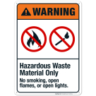 Hazardous Waste Material Only No Smoking, Open Flames Sign, ANSI Warning Sign