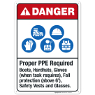 Proper PPE Required Boots Hardhats Gloves Sign, ANSI Danger Sign