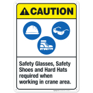 Safety Glasses Safety Shoes And Hard Hats Required When Working Sign, ANSI Caution Sign