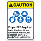 Proper PPE Required Sign, ANSI Caution Sign