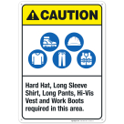 Hard Hat Long Sleeve Shirt Long Pants Hi-Vis Vest And Work Boots Sign, ANSI Caution Sign