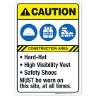 Hard-Hat High Visibility Vest Safety Shoes Sign, ANSI Caution Sign