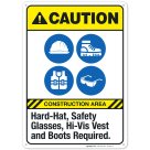 Hard-Hat Safety Glasses Hi-Vis Vest And Boots Required Sign, ANSI Caution Sign