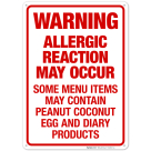 Allergic Reaction May Occur Some Menu Items May Contain Peanut Coconut Egg And Dairy Sign