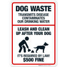 Dog Waste Contaminates Our Drinking Water Its Required By Law $500 Fine Sign