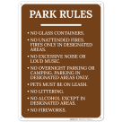 Park Rules No Glass Containers No Unattended Fires Sign