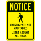 Notice Walking Path Not Maintained Users Assume All Risks With Graphic Sign