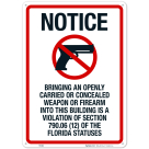 Florida Bringing An Openly Carried Or Concealed Weapon Into This Building Is A Violation Sign