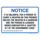 Notice Licensed Handgun Carry Sign Pursuant to Section 11.041 and 61.10 Sign
