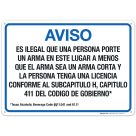 Notice Licensed Handgun Carry Sign Pursuant to Section 11.041 and 61.11 Spanish Sign
