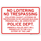 No Loitering Violators Caught Loitering Or Trespassing In Or Around Building Sign