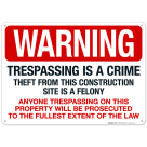 Trespassing Is A Crime Theft From This Construction Site Is A Felony Sign