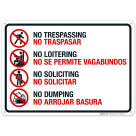 No Trespassing No Loitering No Soliciting No Dumping Bilingual Sign