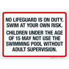 No Lifeguard Is On Duty Swim At Your Own Risk Sign, Pool Sign