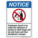 Notice Employees Found To Be Under The Influence Of Alcohol Or Illicit Drugs Sign
