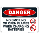 No Smoking Or Open Flames When Charging Batteries With Graphic OSHA Sign