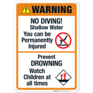 No Diving Shallow Water Sign, Pool Sign