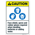 Face Shield Apron And Rubber Gloves Required When Handling Batteries ANSI Sign