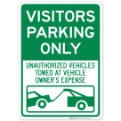 Visitor Parking Only Unauthorized Vehicles Towed At Owner Expense With Graphic Sign