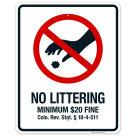 Colorado No Littering Sign, No Littering Minimum $20 Fine Sign