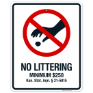 Kansas No Littering Sign, No Littering Minimum $250 Sign