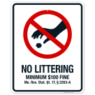Maine No Littering Sign, No Littering Minimum $100 Fine Sign