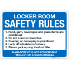 Locker Room Safety Rules Management Is Not Responsible For Lost Or Stolen Articles Sign