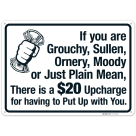 If You Are Grouchy Sullen Ornery Moody Or Just Plain Mean There Is A $20 Upcharge Sign