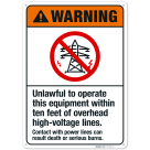 Unlawful To Operate This Equipment Within Ten Feet Of Overhead High Voltage Lines Sign,