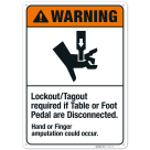 Lockout/Tagout Required If Table Or Foot Pedal Are Disconnected Sign,