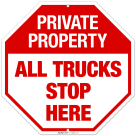 Private Property All Trucks Stop Here Sign,
