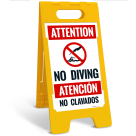 Attention No Diving Bilingual Folding Floor Sign,