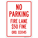Missouri No Parking Fire Lane $50 Fine Sign,
