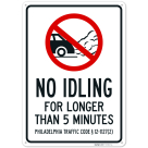 No Idling For Longer Than 5 Minutes Philadelphia Traffic Code 121127 Sign,