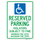 Reserved Parking Violators Subject To Fine 250 To 500 Sign,