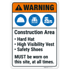 Warning Construction Area Ppe Must Be Worn On This Site At All Times Sign,