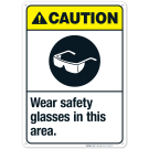 Wear Safety Glasses In This Area Sign, ANSI Caution Sign Wear Safety Glasses In This Area Sign, ANSI Caution Sign