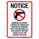 Florida Bringing An Openly Carried Or Concealed Weapon Into This Building Is A Violation Sign Florida Bringing An Openly Carried Or Concealed Weapon Into This Building Is A Violation Sign