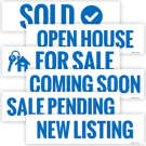(6 Pack) Sold, Open House, For Sale, Coming Soon, Sale Pending Blue Signs (6 Pack) Sold, Open House, For Sale, Coming Soon, Sale Pending Blue Signs