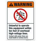 Unlawful To Operate This Equipment Within Ten Feet Of Overhead High Voltage Lines Sign, Unlawful To Operate This Equipment Within Ten Feet Of Overhead High Voltage Lines Sign,