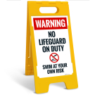 Warning No Lifeguard On Duty Swim At Your Own Risk With Graphic Folding Floor Sign, Warning No Lifeguard On Duty Swim At Your Own Risk With Graphic Folding Floor Sign,