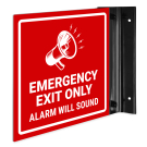 Emergency Exit Only Alarm Will Sound Projecting Sign, Double Sided, Emergency Exit Only Alarm Will Sound Projecting Sign, Double Sided,